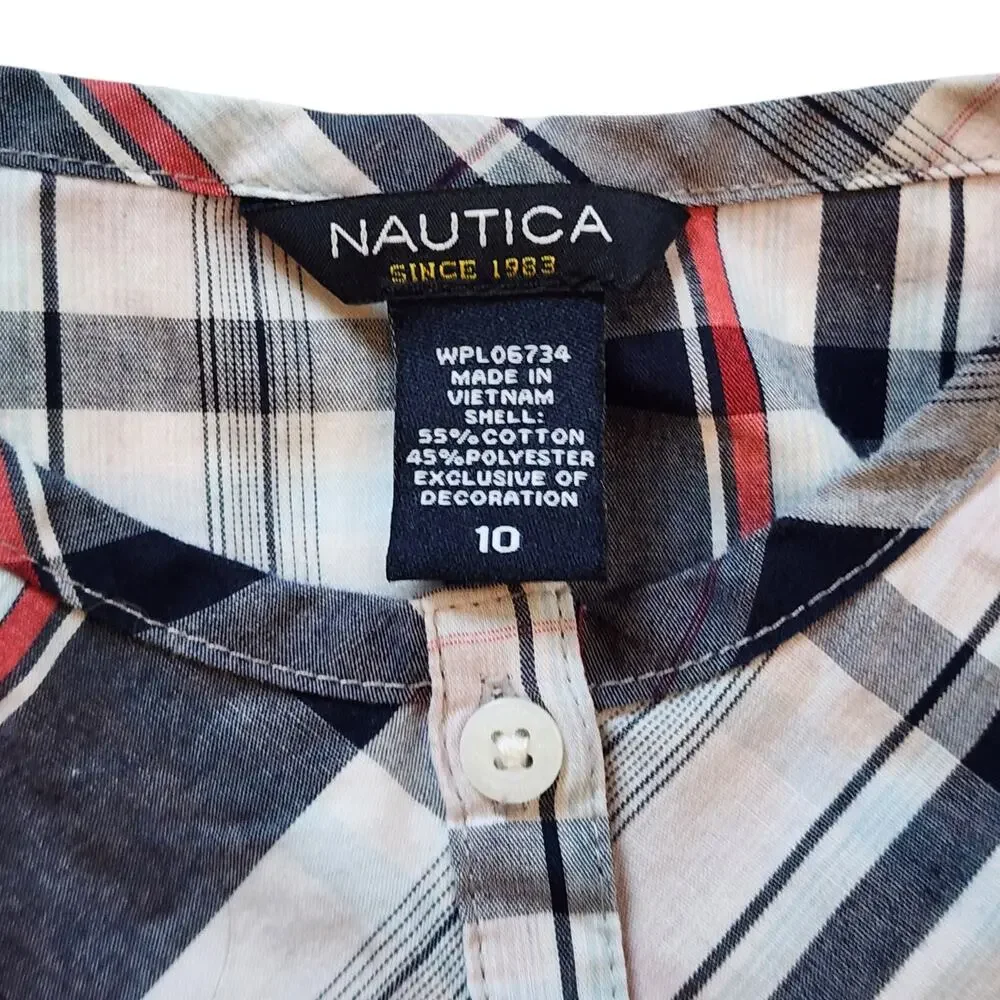 Nautica Girls Dress Size 10 Red White Blue Plaid Sleeveless High Waist Button